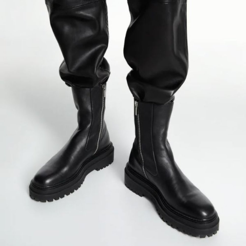 ZARA LOW HEELED LEATHER ANKLE COMBAT BOOTS